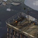 Two guys stand on a dock next to floating icebergs in Disco Elysium